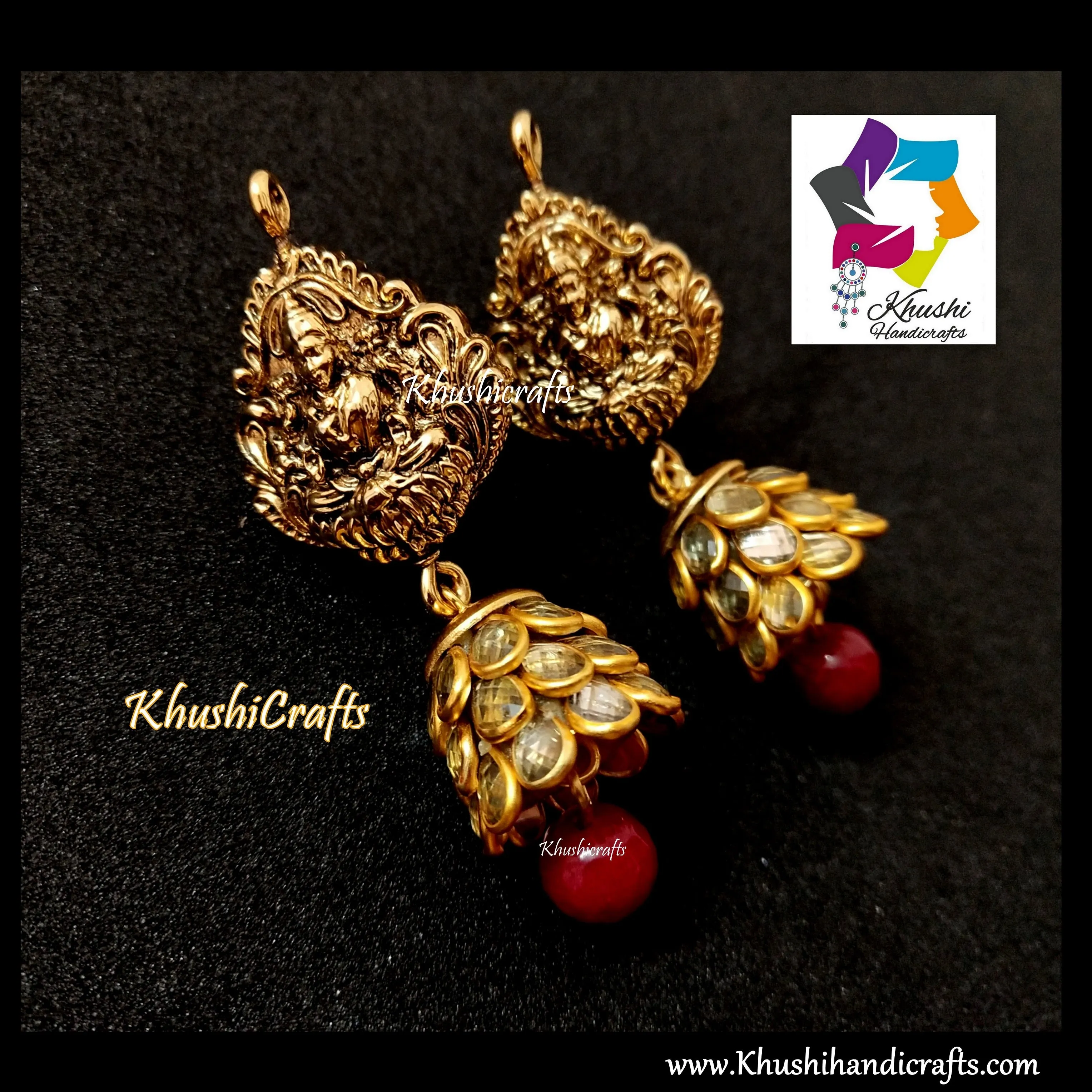 Deep Red shaded Semi precious Jewelry Set with a grand Temple Jewellery Lakshmi Pendant in Antique Gold!