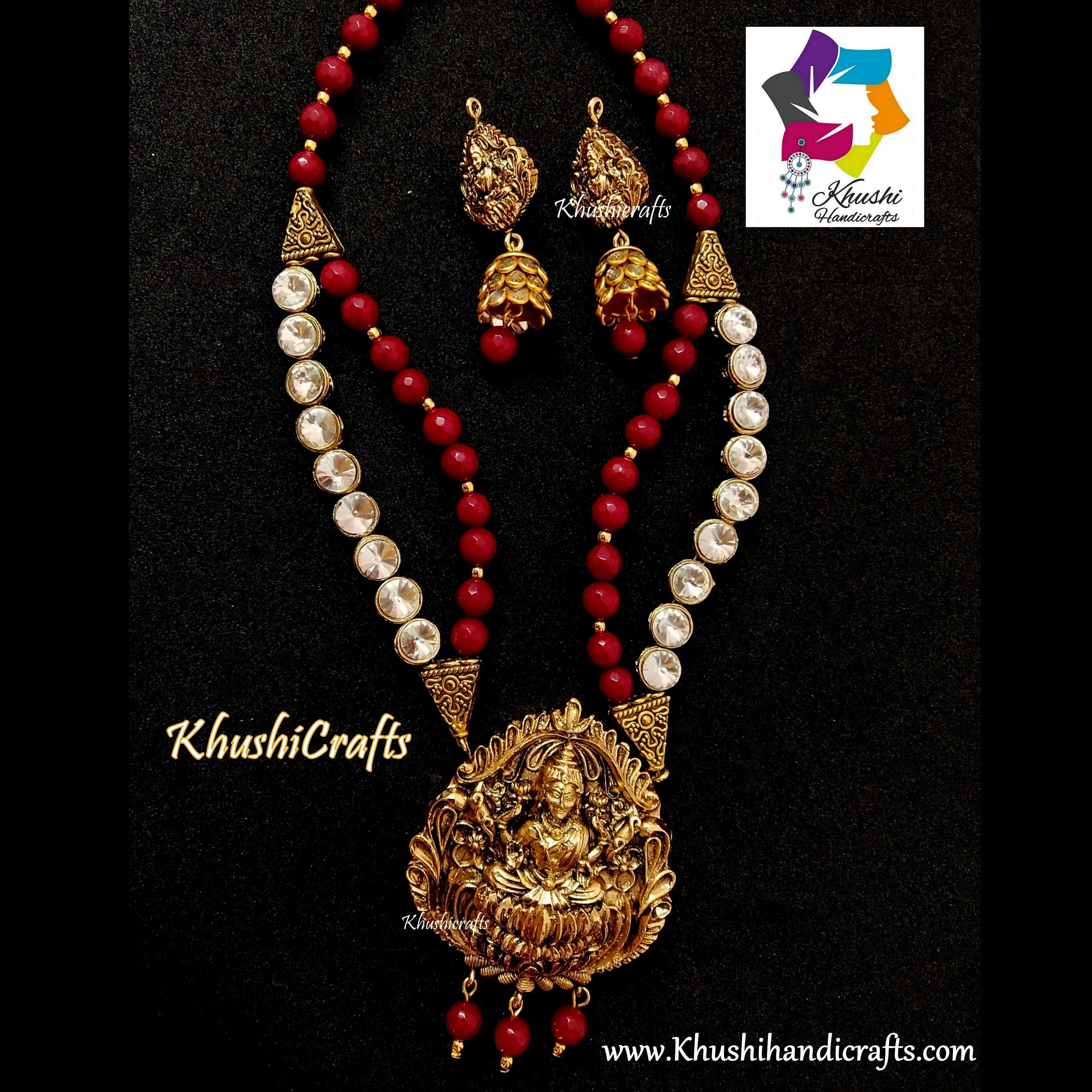 Deep Red shaded Semi precious Jewelry Set with a grand Temple Jewellery Lakshmi Pendant in Antique Gold!