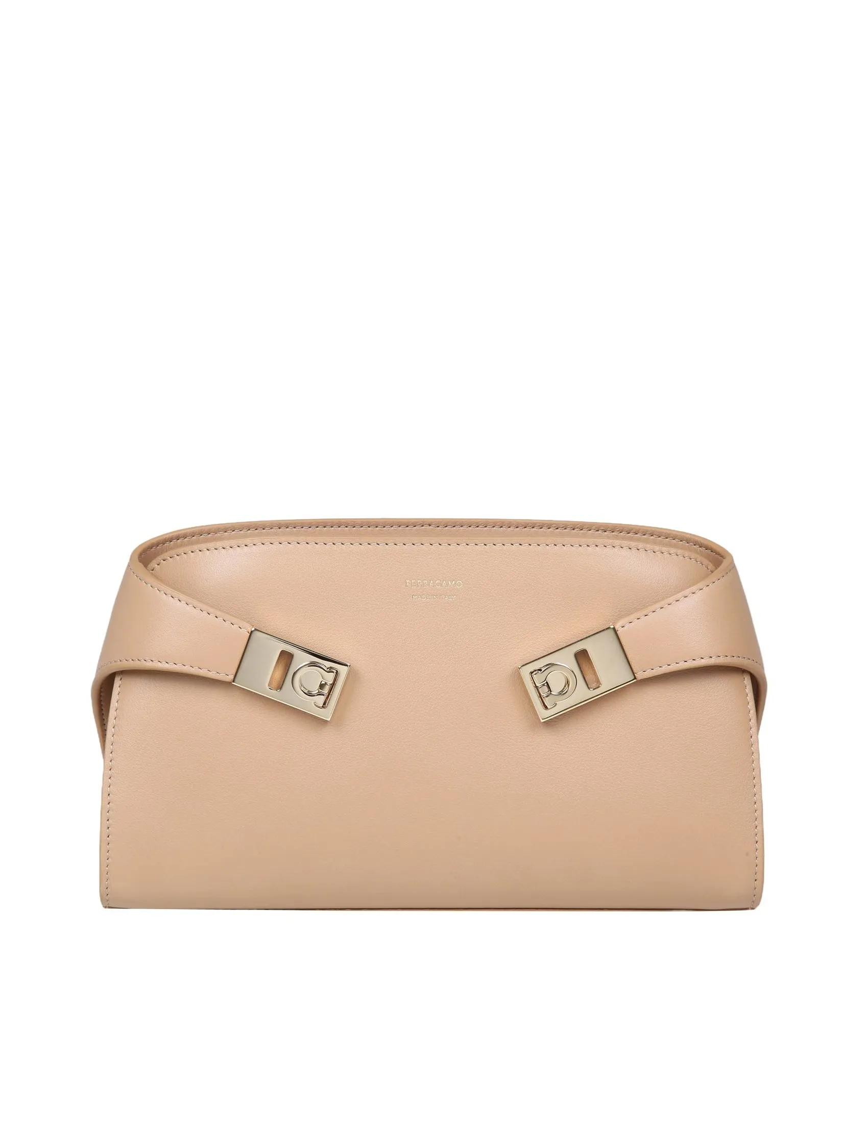 FERRAGAMO HUG CLUTCH IN LIGHT CAMEL COLOR LEATHER