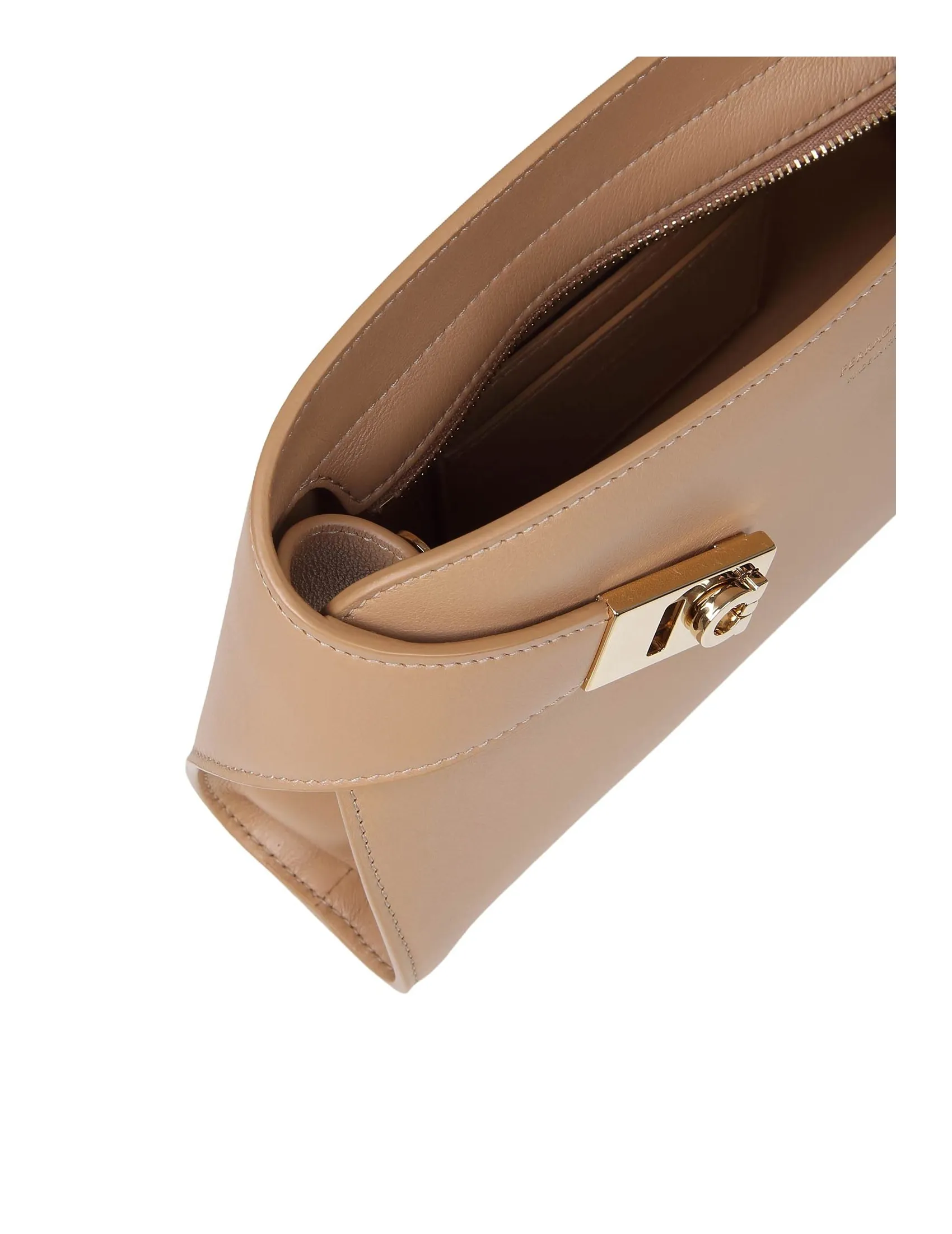 FERRAGAMO HUG CLUTCH IN LIGHT CAMEL COLOR LEATHER