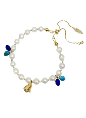 Freshwater Pearls With Blue Gemstone and Flower Charms Bracelet LB008