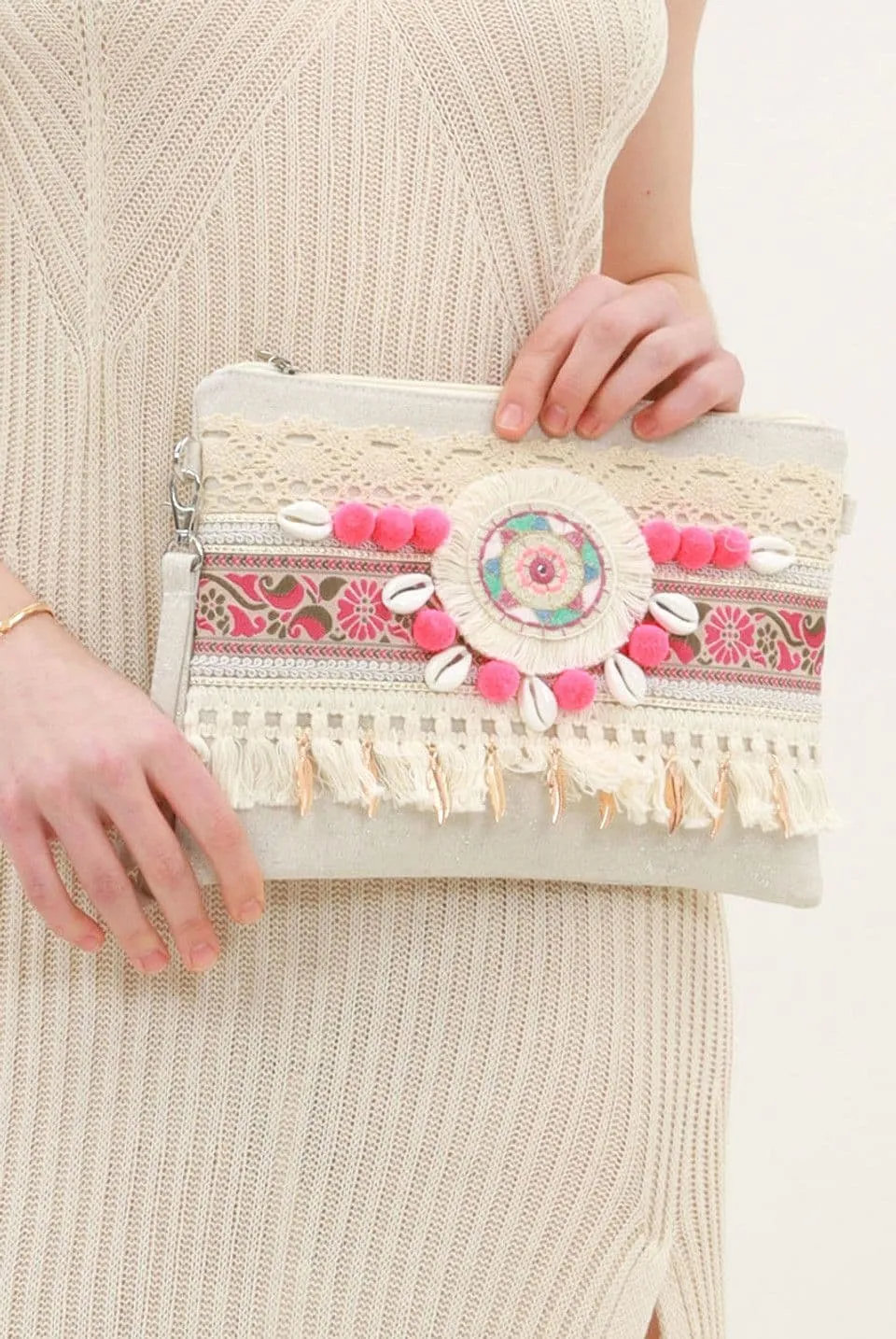 Fuchsia Tassel Boho Clutch Bag