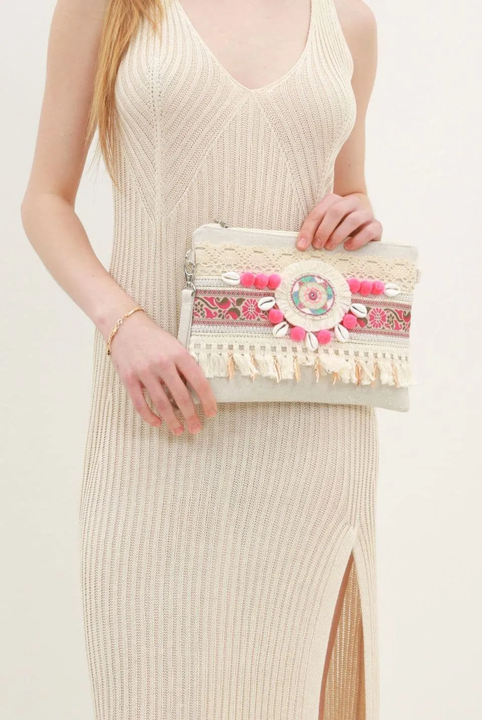 Fuchsia Tassel Boho Clutch Bag