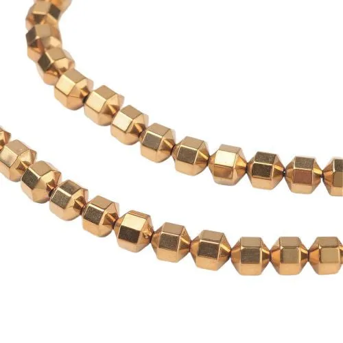 Gemstone Beads, Hematite, Synthetic, Non-Magnetic, Faceted, Lantern, Gold Plated, 4mm