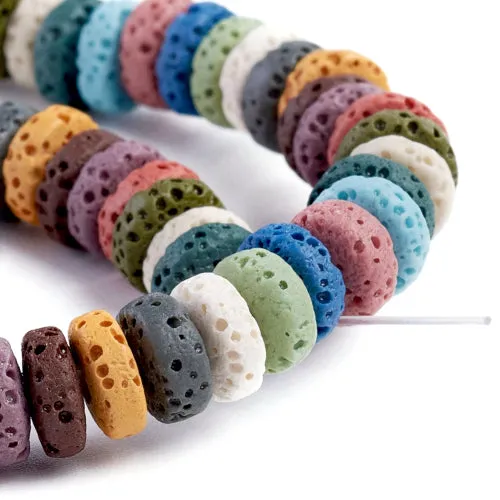 Gemstone Beads, Lava Rock, Natural, Flat, Round, Mixed Colors, 8-8.5mm