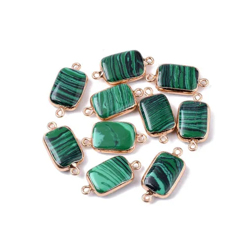 Gemstone Connectors, Synthetic, Malachite, Rectangle, Light Gold, Iron, Link, 26-27mm