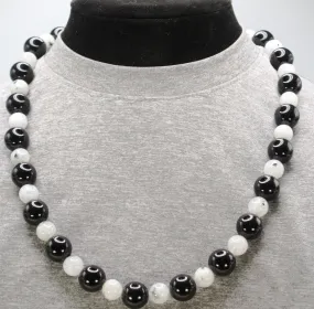 Genuine Onyx and Rainbow Moonstone Necklace - Gifts for Men/Women - 14mm and 10mm Beaded Necklace