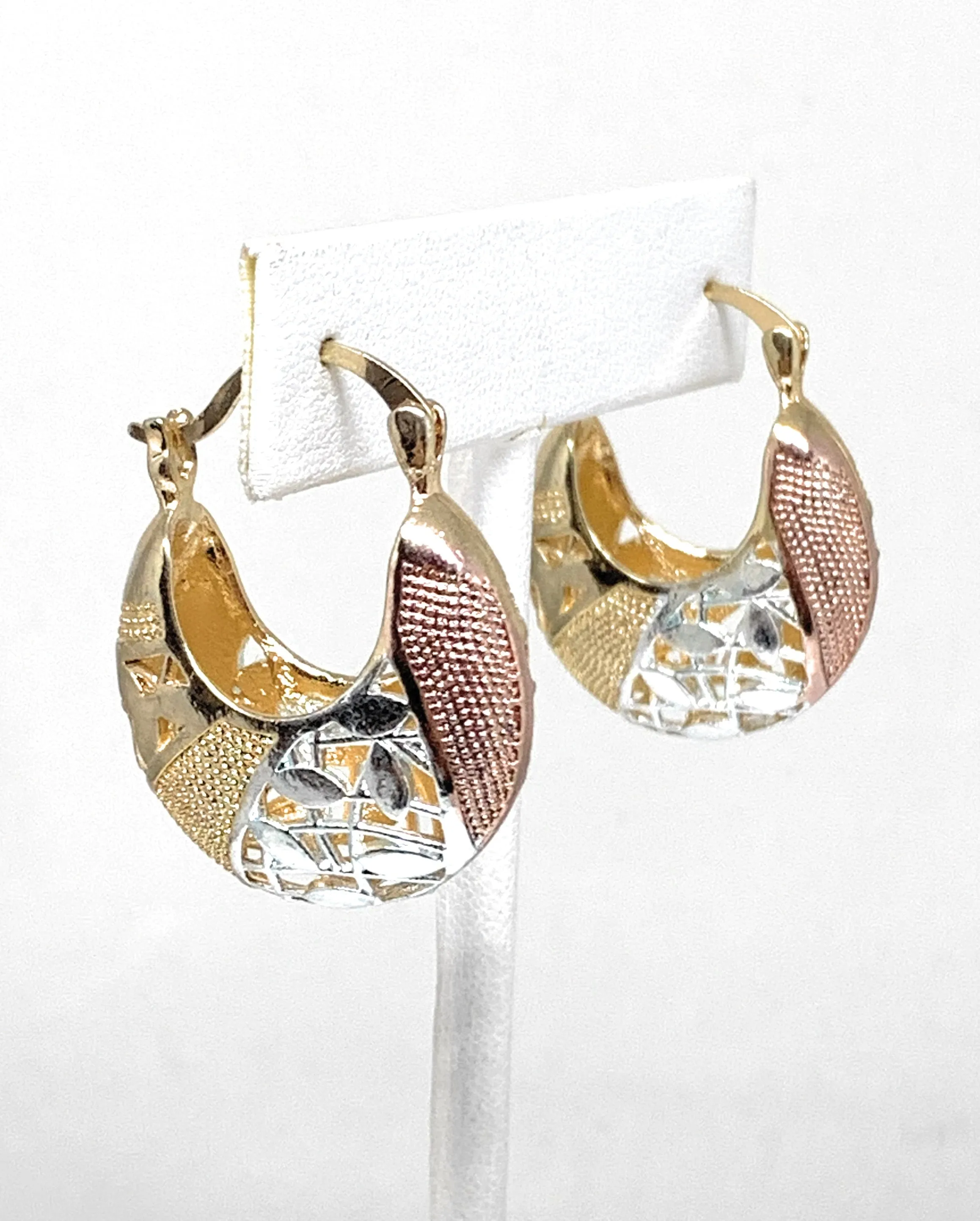 Gold Plated Tri-Color Filigran Elegant Basket Earrings Aretes Canasta Tres Colores