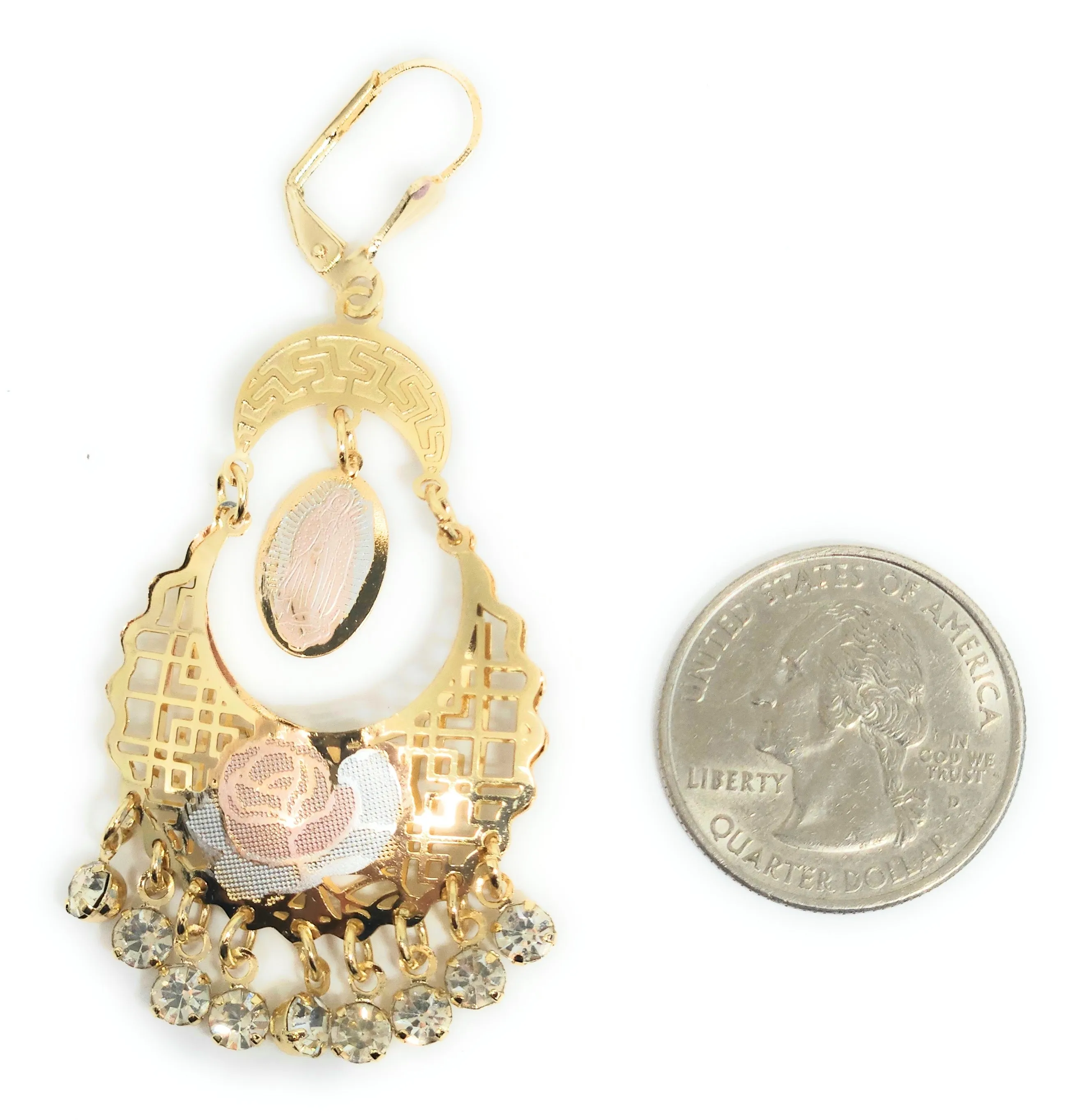 Gold Plated Tri Color Virgin Mary Dangle Basket Earrings Virgen Guadalupe Aretes Canasta Tres Colores