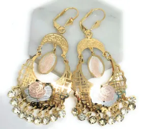 Gold Plated Tri Color Virgin Mary Dangle Basket Earrings Virgen Guadalupe Aretes Canasta Tres Colores