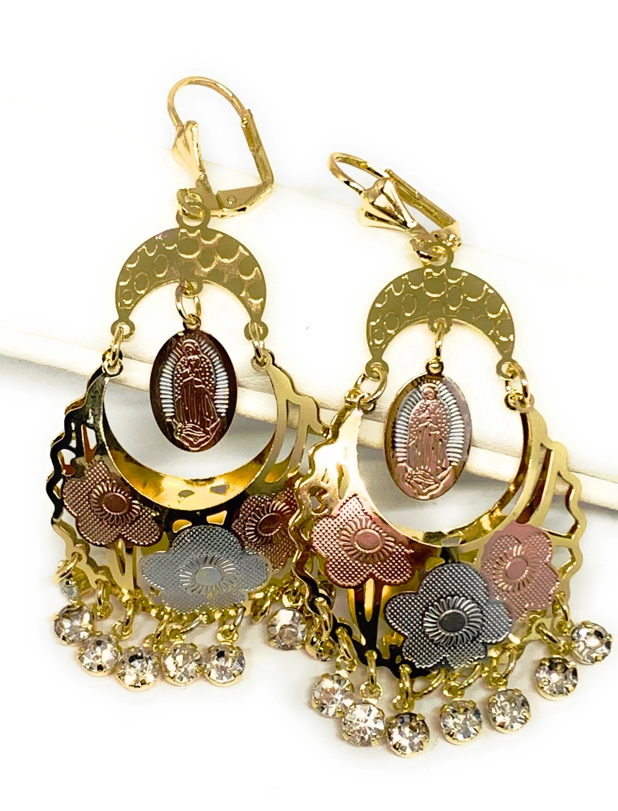 Gold Plated Tri Color Virgin Mary Dangle Basket Earrings Virgen Guadalupe Aretes Canasta Tres Colores