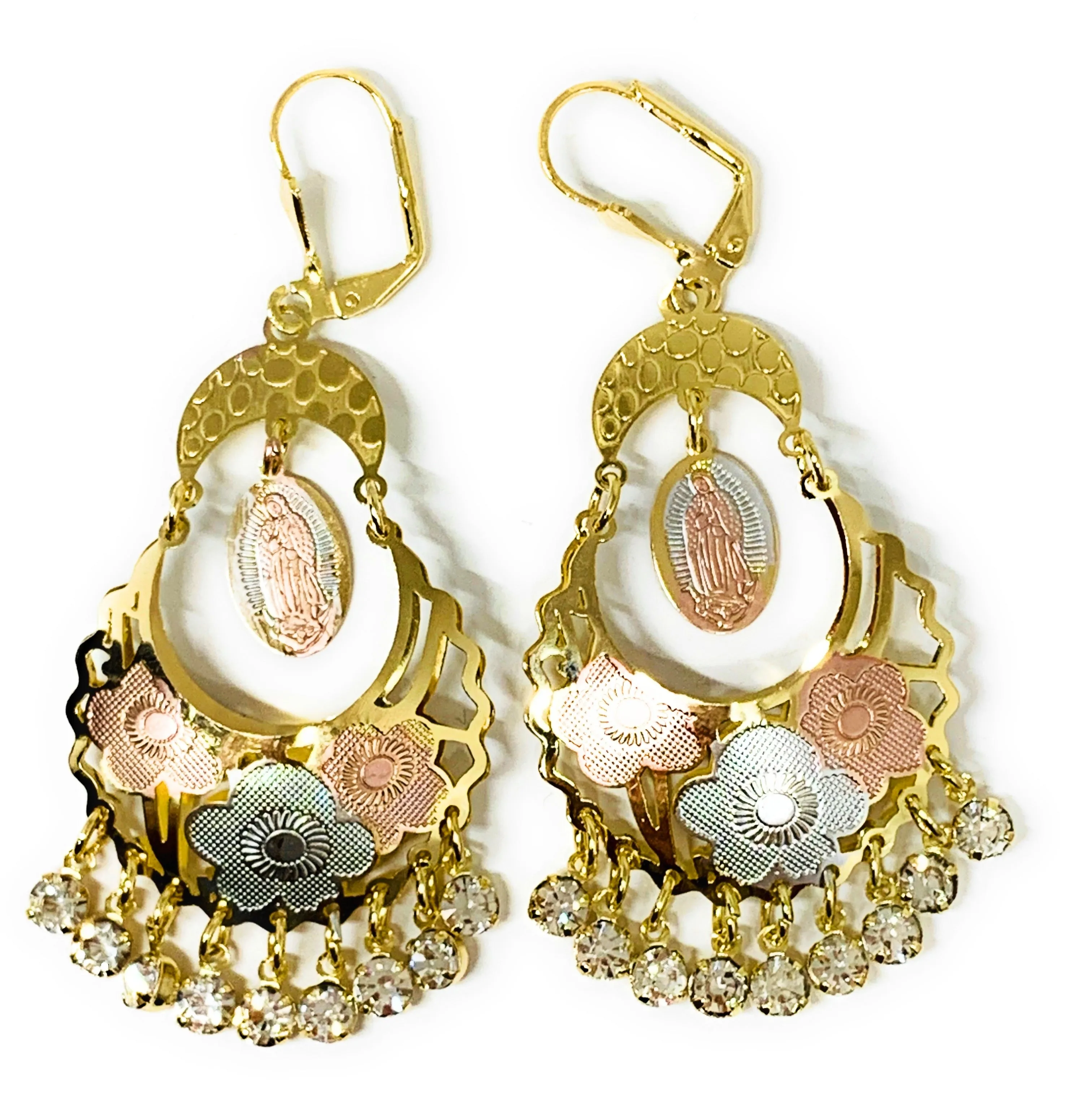 Gold Plated Tri Color Virgin Mary Dangle Basket Earrings Virgen Guadalupe Aretes Canasta Tres Colores