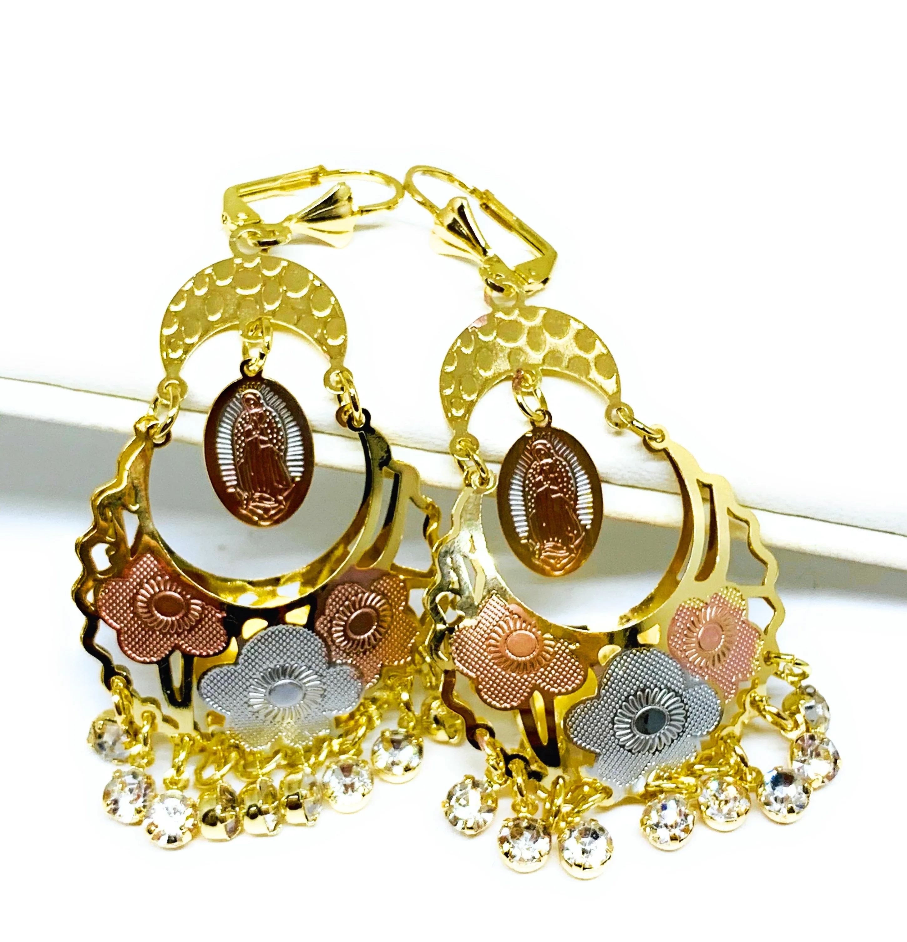 Gold Plated Tri Color Virgin Mary Dangle Basket Earrings Virgen Guadalupe Aretes Canasta Tres Colores