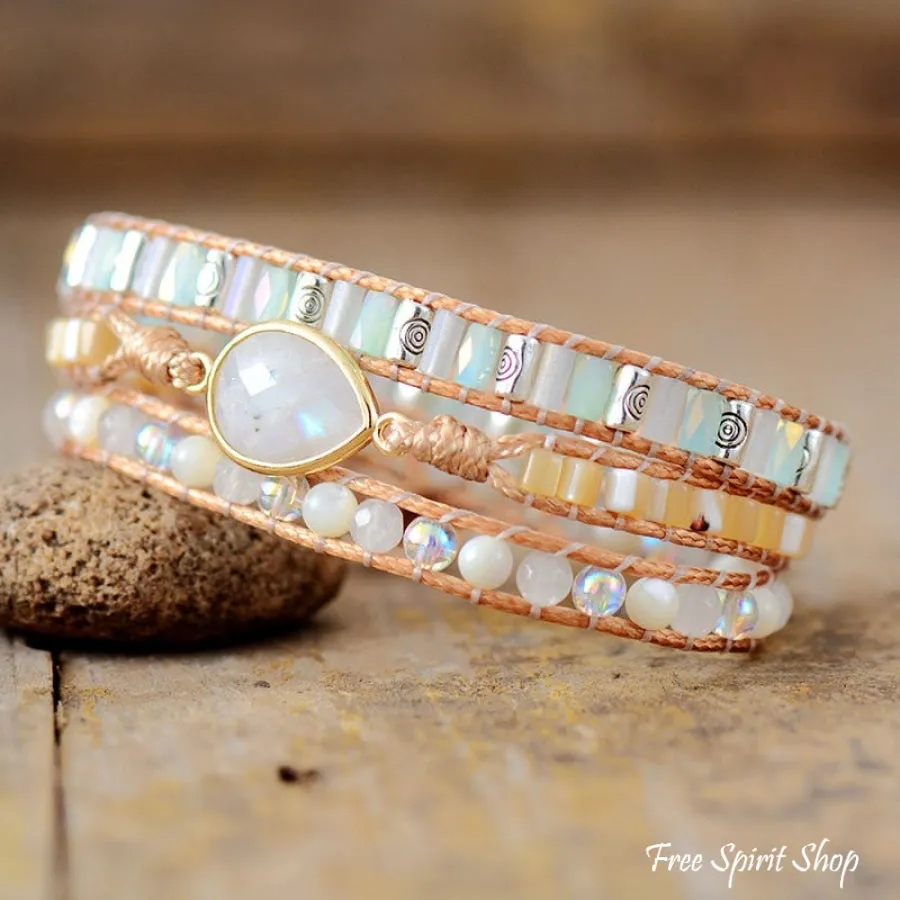 Handmade Moonstone & Pearly Rainbow Bead Wrap Bracelet