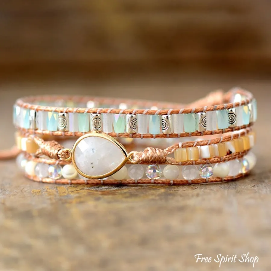 Handmade Moonstone & Pearly Rainbow Bead Wrap Bracelet