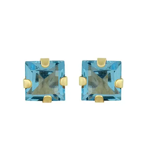 Jewelili 10K Yellow Gold with Princess Cut Swiss Blue Topaz Stud Earrings