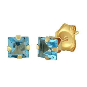 Jewelili 10K Yellow Gold with Princess Cut Swiss Blue Topaz Stud Earrings