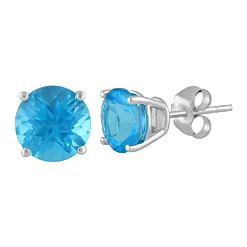 Jewelili 14K White Gold with Swiss Blue Topaz Round Stud Earrings