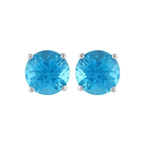 Jewelili 14K White Gold with Swiss Blue Topaz Round Stud Earrings