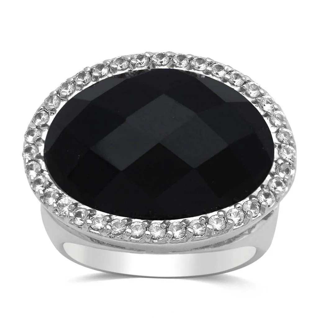 Jewelili Brass With Oval Black Onyx and Created White Sapphire Halo Ring