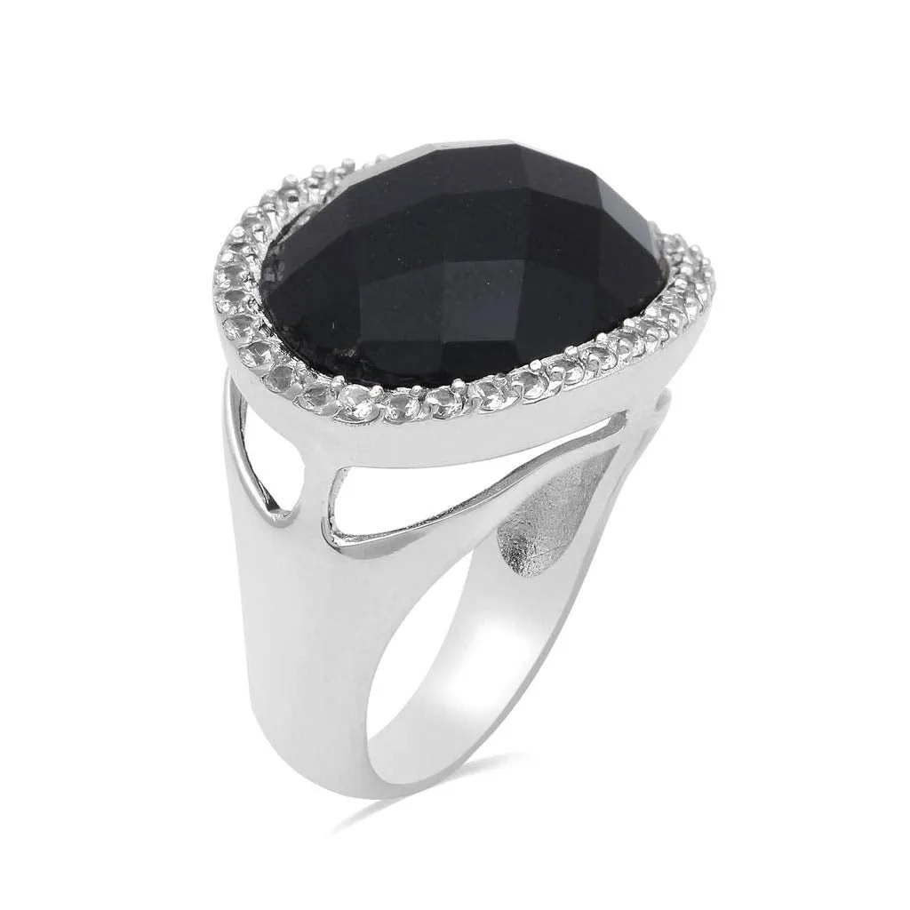 Jewelili Brass With Oval Black Onyx and Created White Sapphire Halo Ring