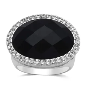 Jewelili Brass With Oval Black Onyx and Created White Sapphire Halo Ring