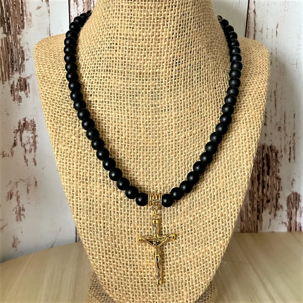 Matte Black Onyx and Gold Cross with Jesus Mens Beaded Necklace