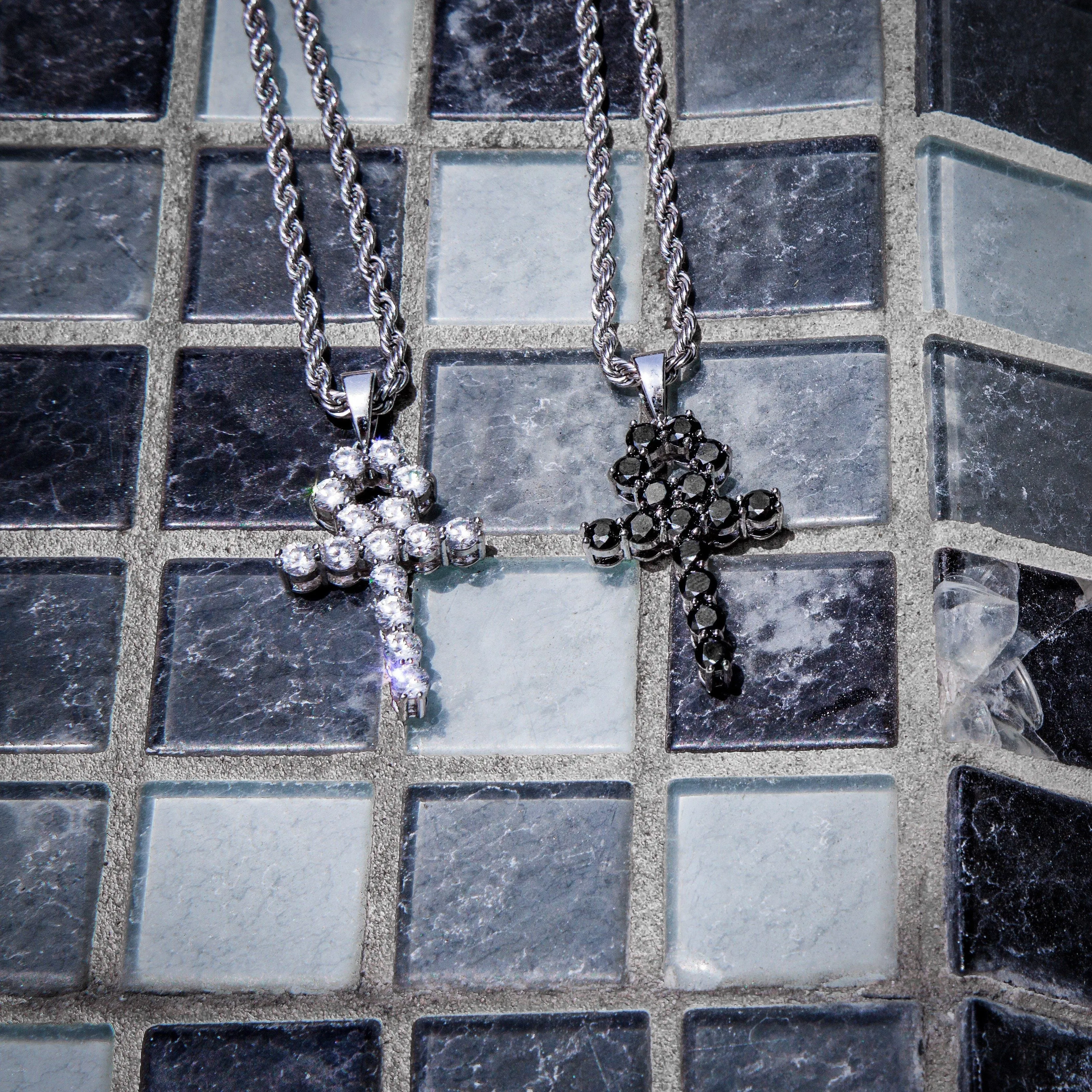 Micro Onyx Ankh Cross Necklace Pendant & Rope Chain White Gold