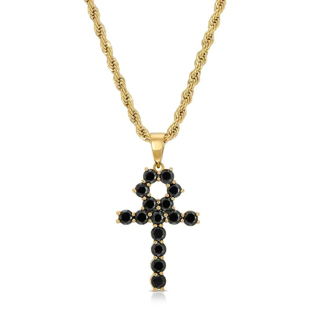 Micro Onyx Ankh Cross Necklace Pendant & Rope Chain