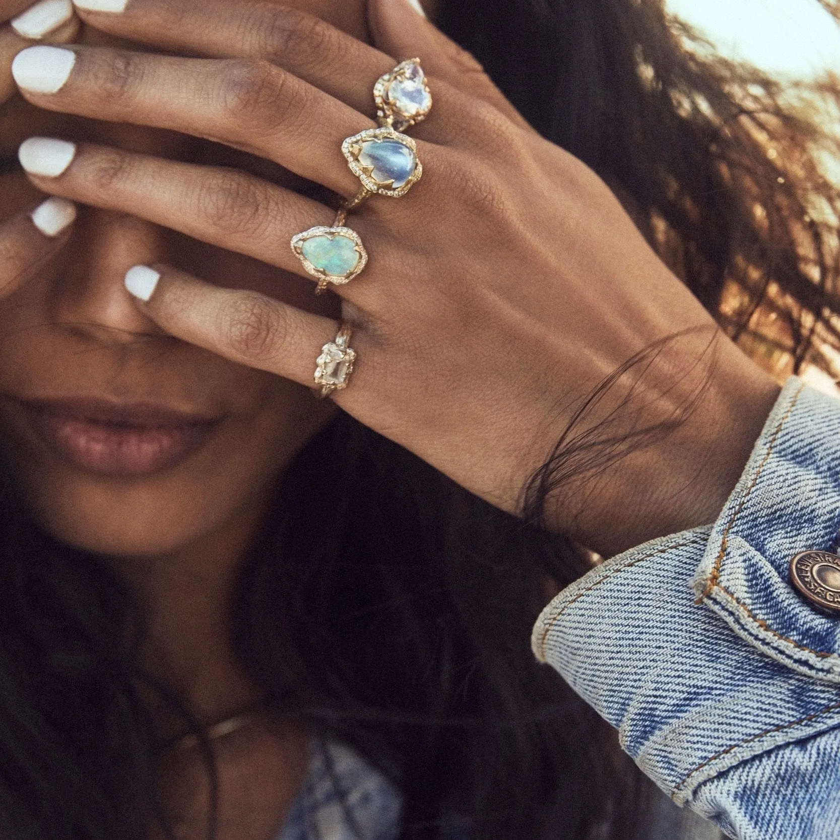 Micro Queen Emerald Cut Moonstone Ring with Sprinkled Diamonds | Ready to Ship