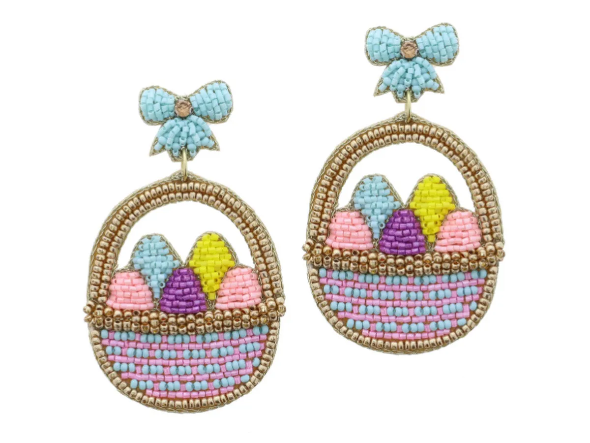 Mint Beaded Bow Post With Multi Beaded Easter Egg Basket Earrings