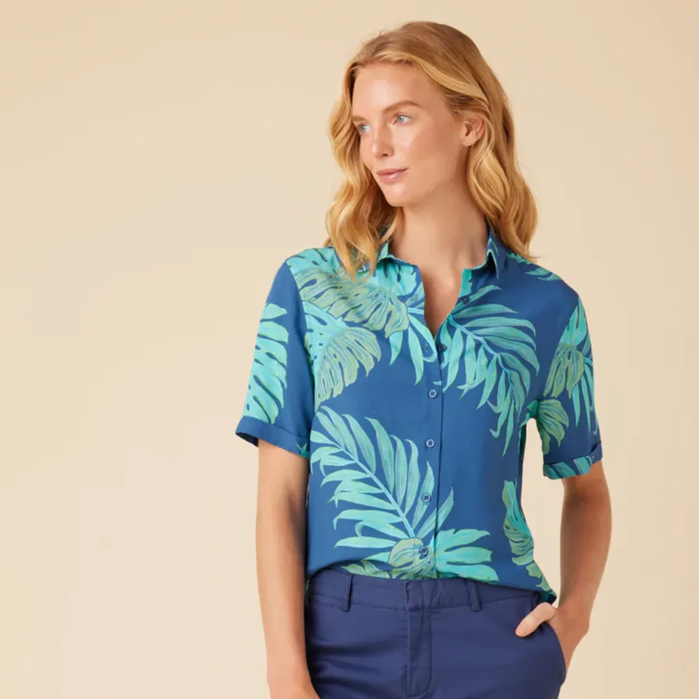 Monstera Leaf Short Sleeve Button Front - True Navy