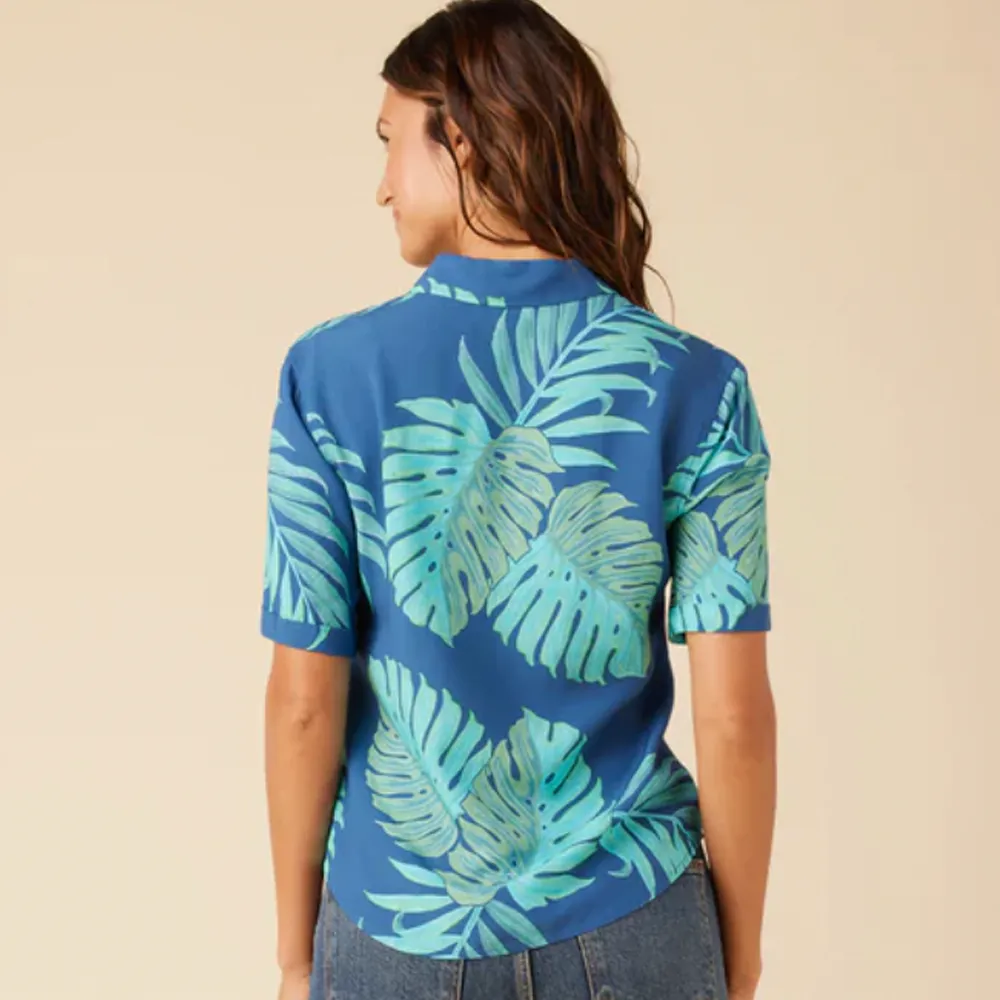 Monstera Leaf Short Sleeve Button Front - True Navy