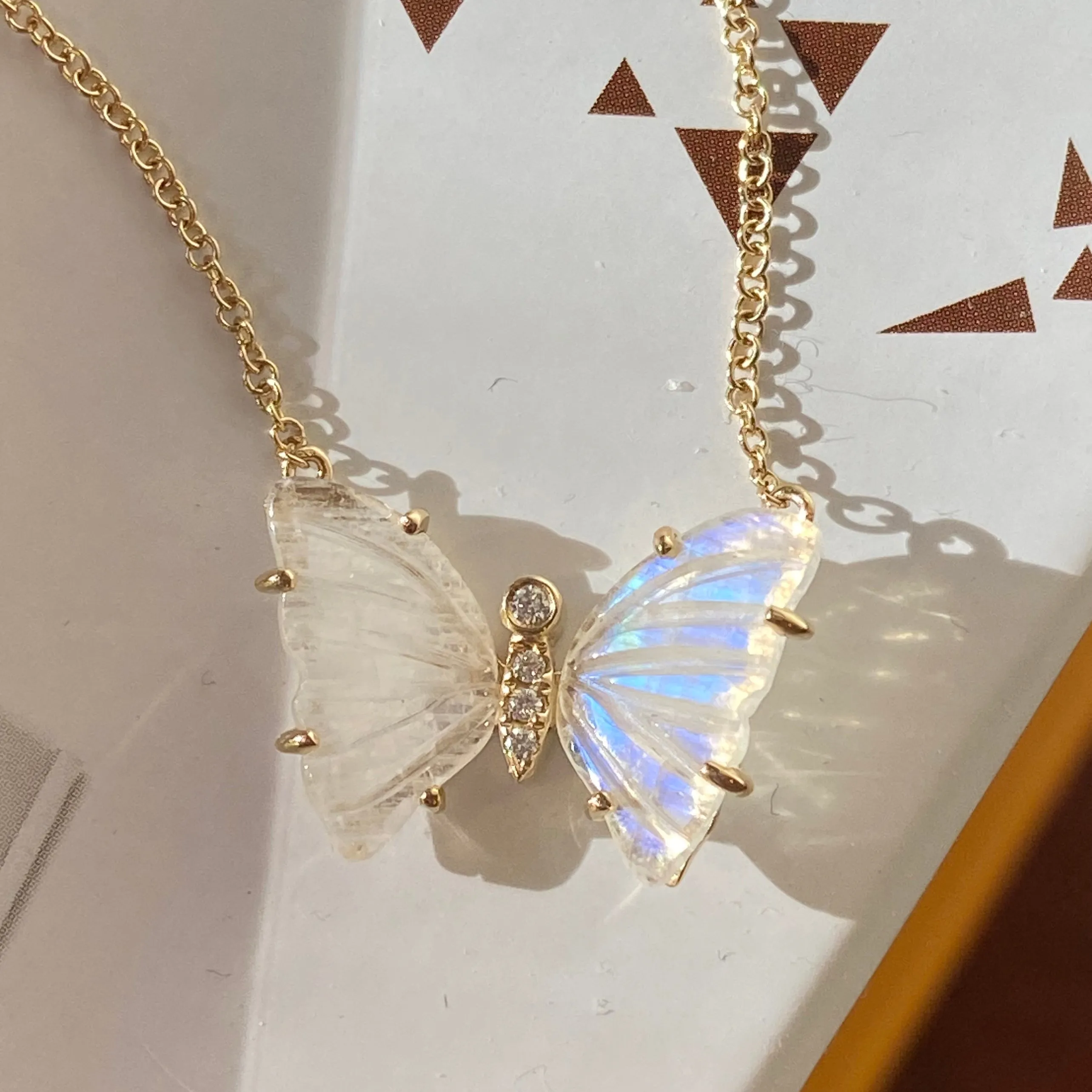 Moonstone Butterfly Necklace with Diamonds and Prongs