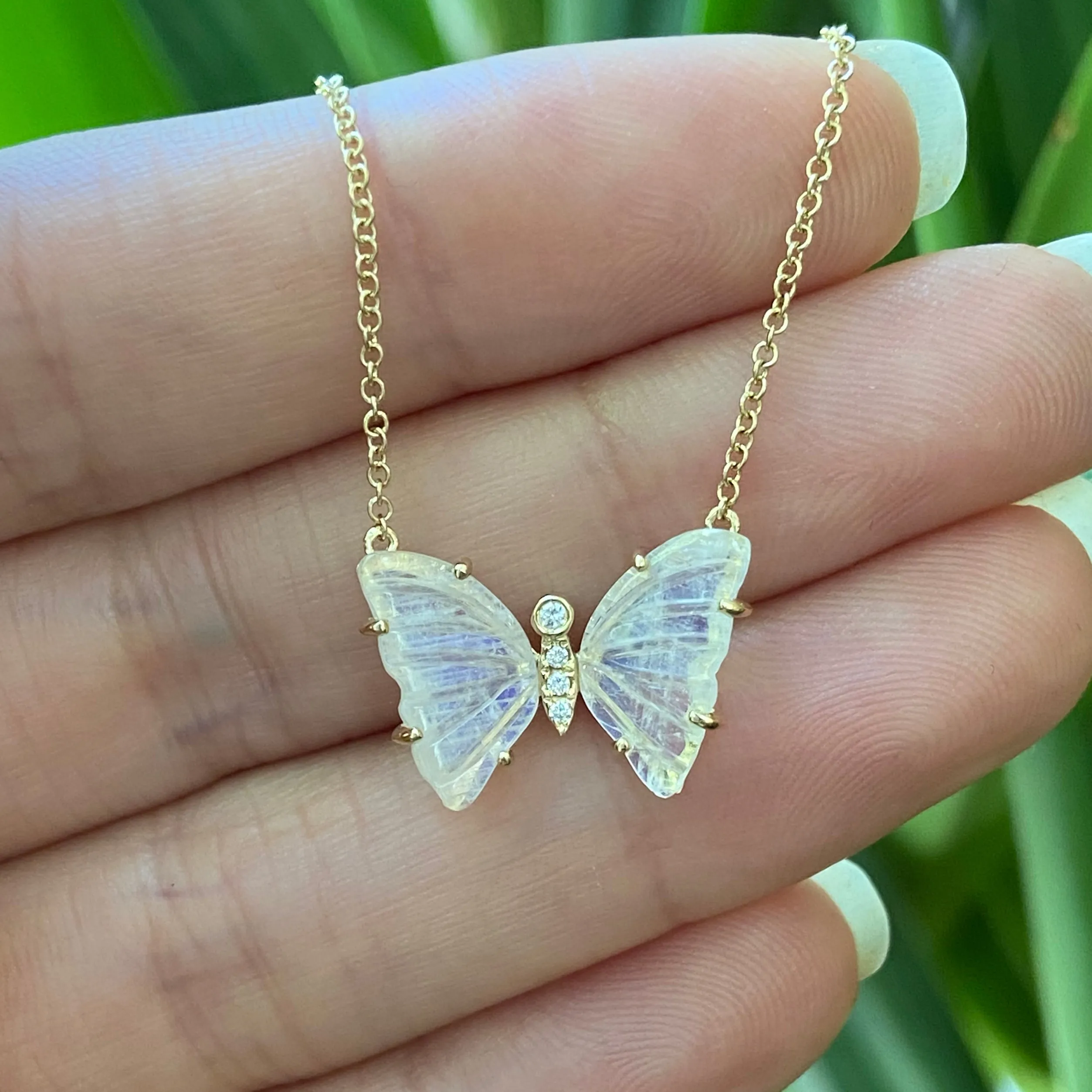 Moonstone Butterfly Necklace with Diamonds and Prongs