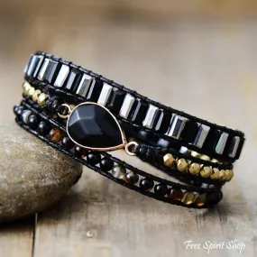 Natural Black Onyx Teardrop Wrap Bracelet