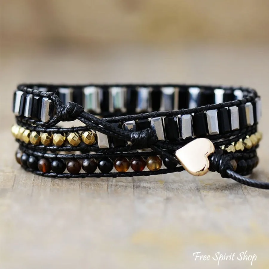 Natural Black Onyx Teardrop Wrap Bracelet