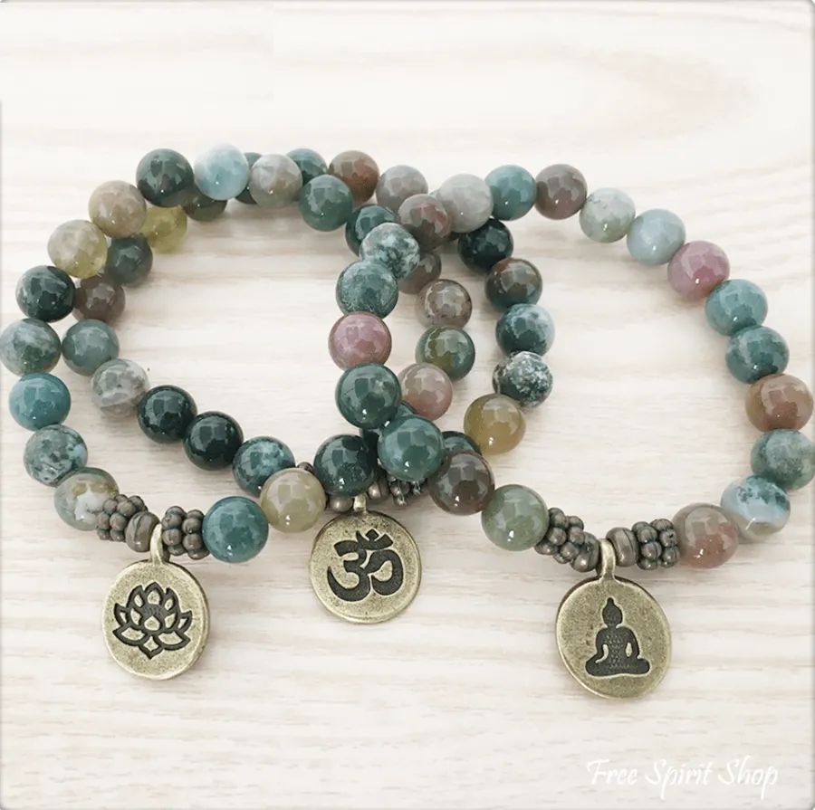 Natural Indian Agate Stone Buddha Mala Bead Bracelet