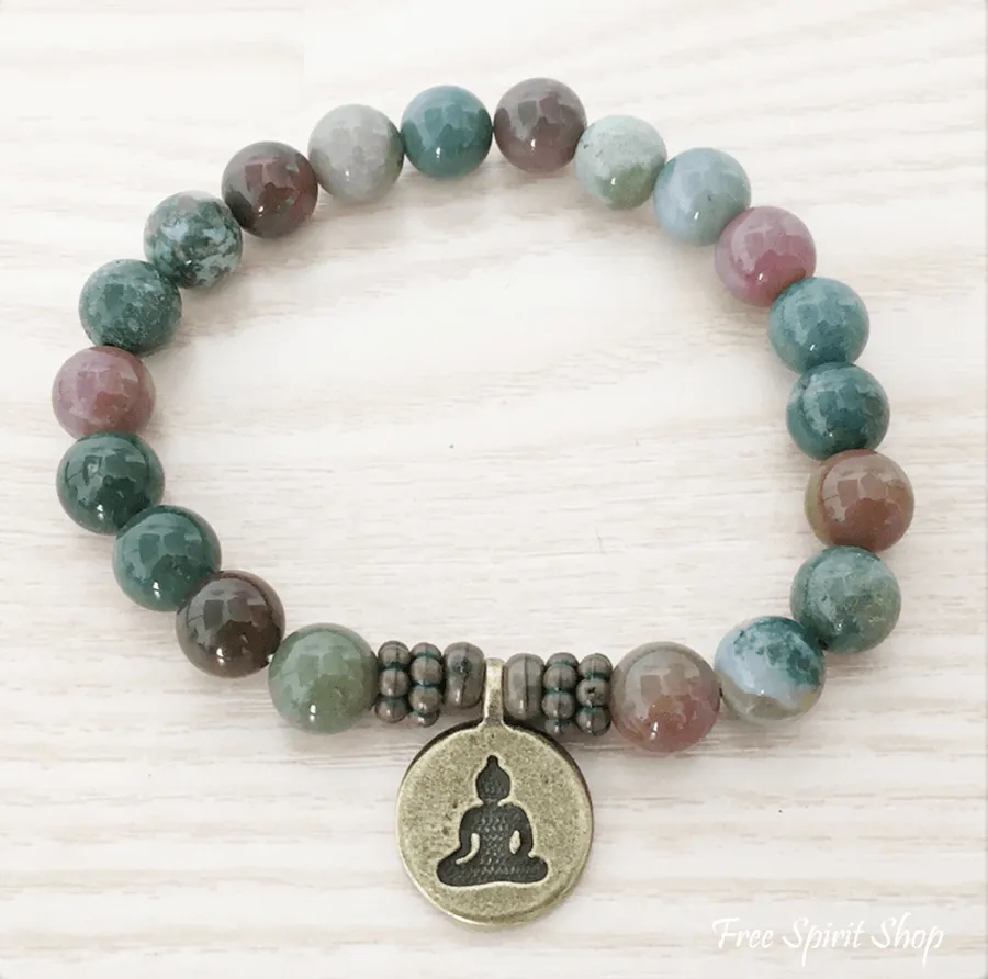 Natural Indian Agate Stone Buddha Mala Bead Bracelet