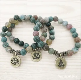 Natural Indian Agate Stone Buddha Mala Bead Bracelet