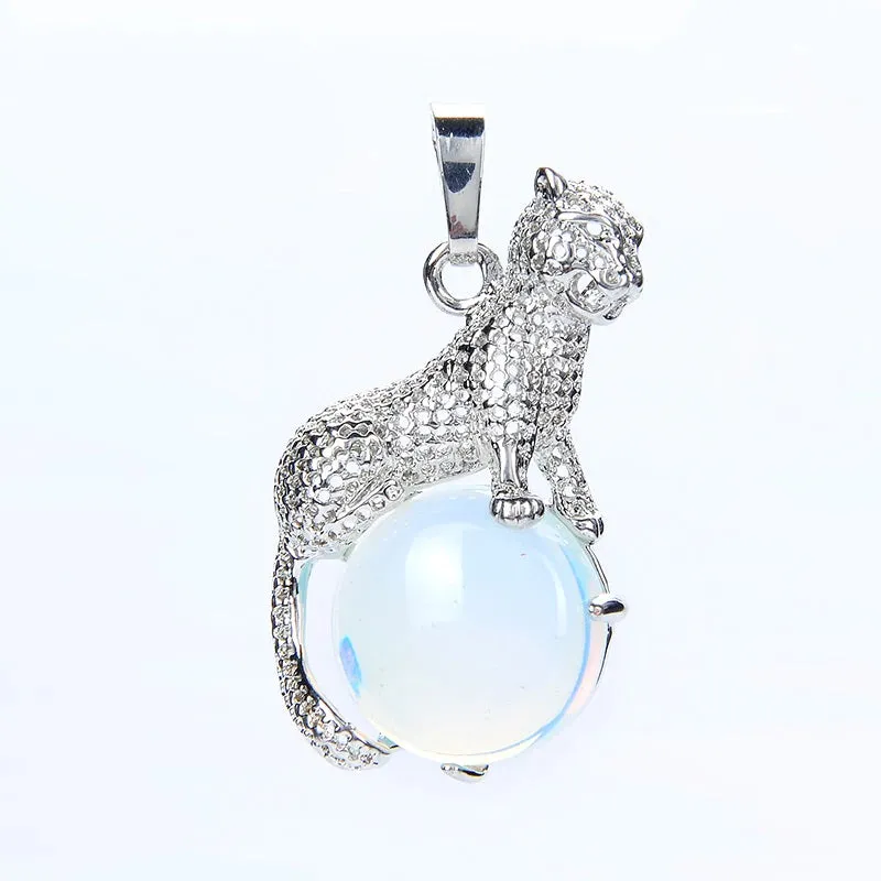 Natural Moonstone Micro-Pave CZ Leopard Pendant Necklace