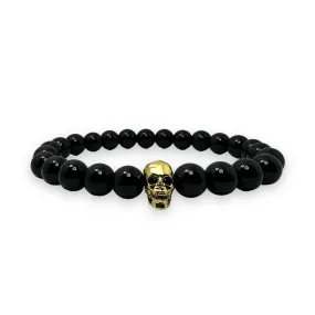 Onyx Polished 8mm Stone with Gold Skull Bracelet