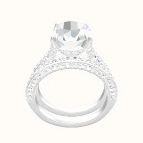 Petite Cathedral Three Row Engagement Ring With Pave Basket Head and Matching Band