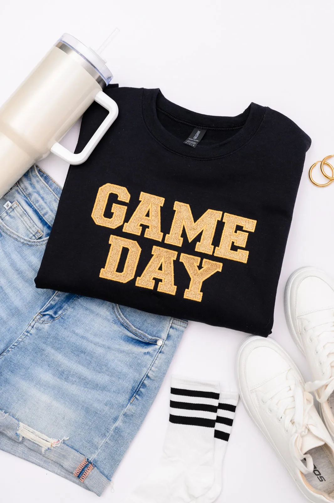 PREORDER: Embroidered Glitter Game Day Sweatshirt in Black/Old Gold