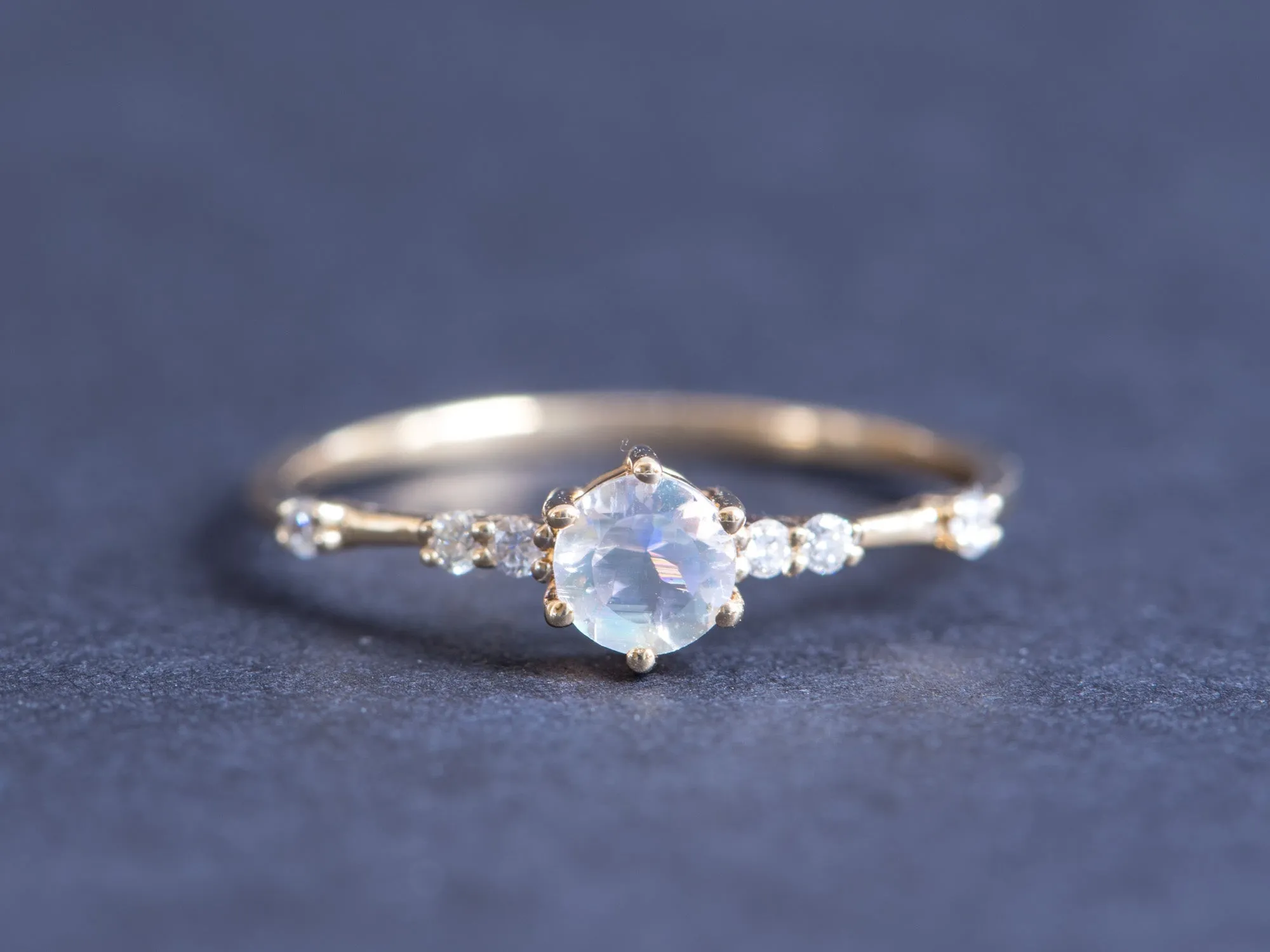 Rainbow Moonstone Engagement Ring with Diamond Cluster on Band 14K Gold AD1377