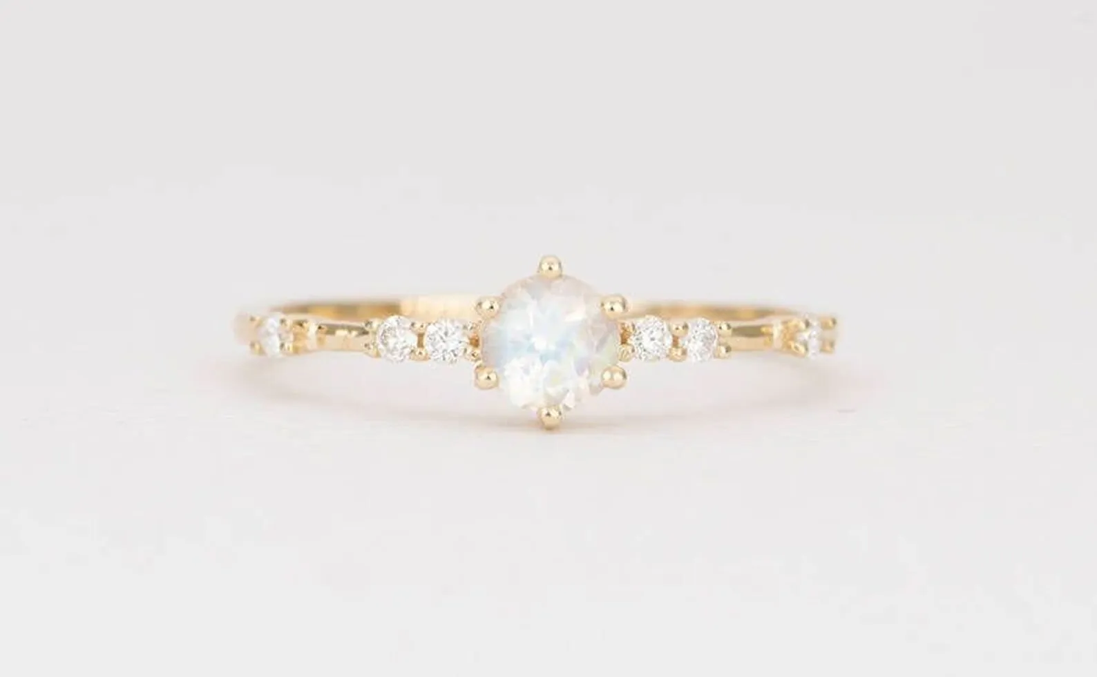 Rainbow Moonstone Engagement Ring with Diamond Cluster on Band 14K Gold AD1377