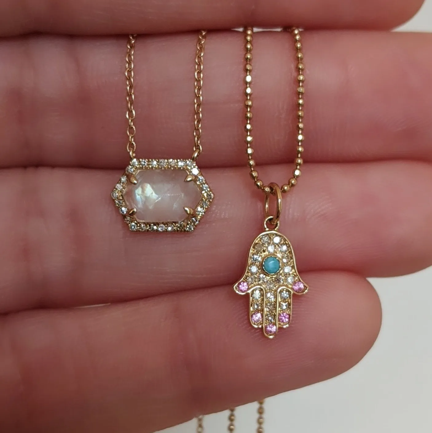 Rainbow Moonstone Hex Necklace With Diamonds