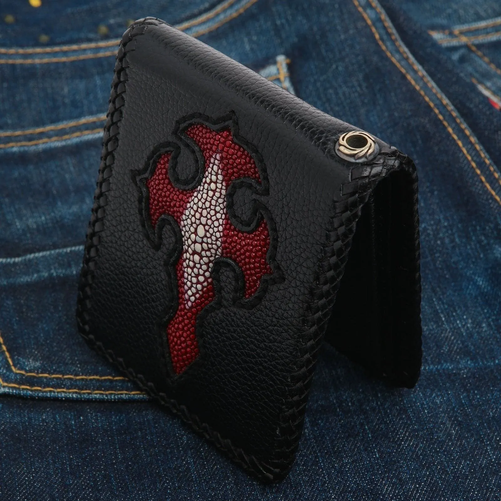 Red Stingray Leather Cross Biker Chain Wallet