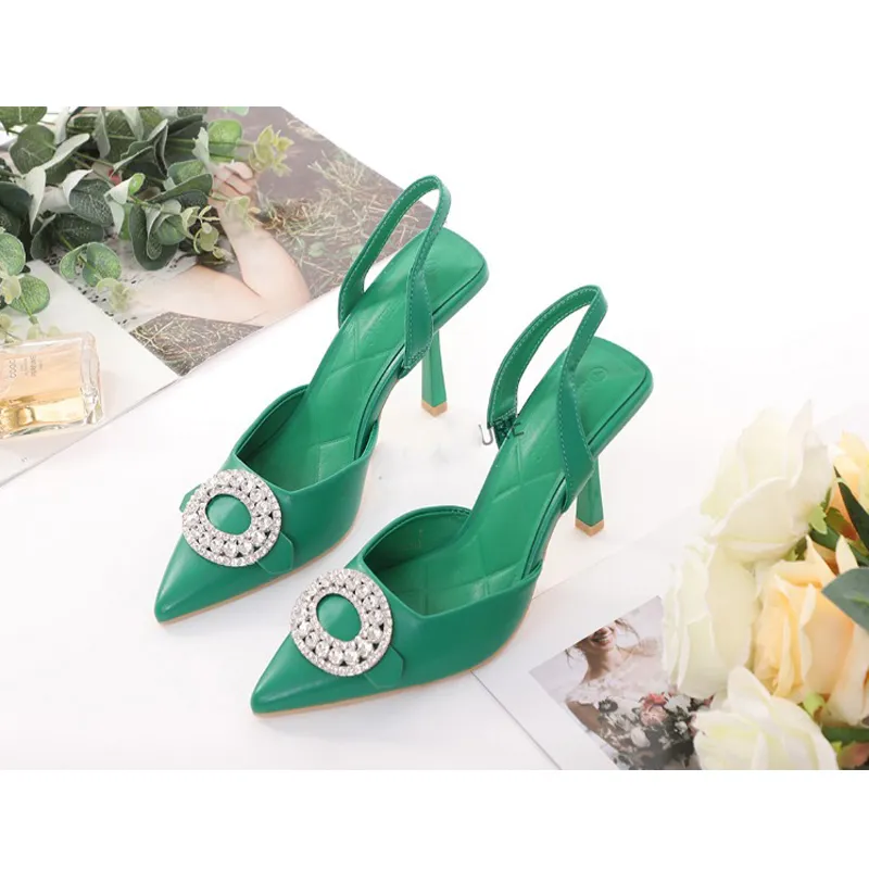 Rounded Rhinestone Short Heel Sandals