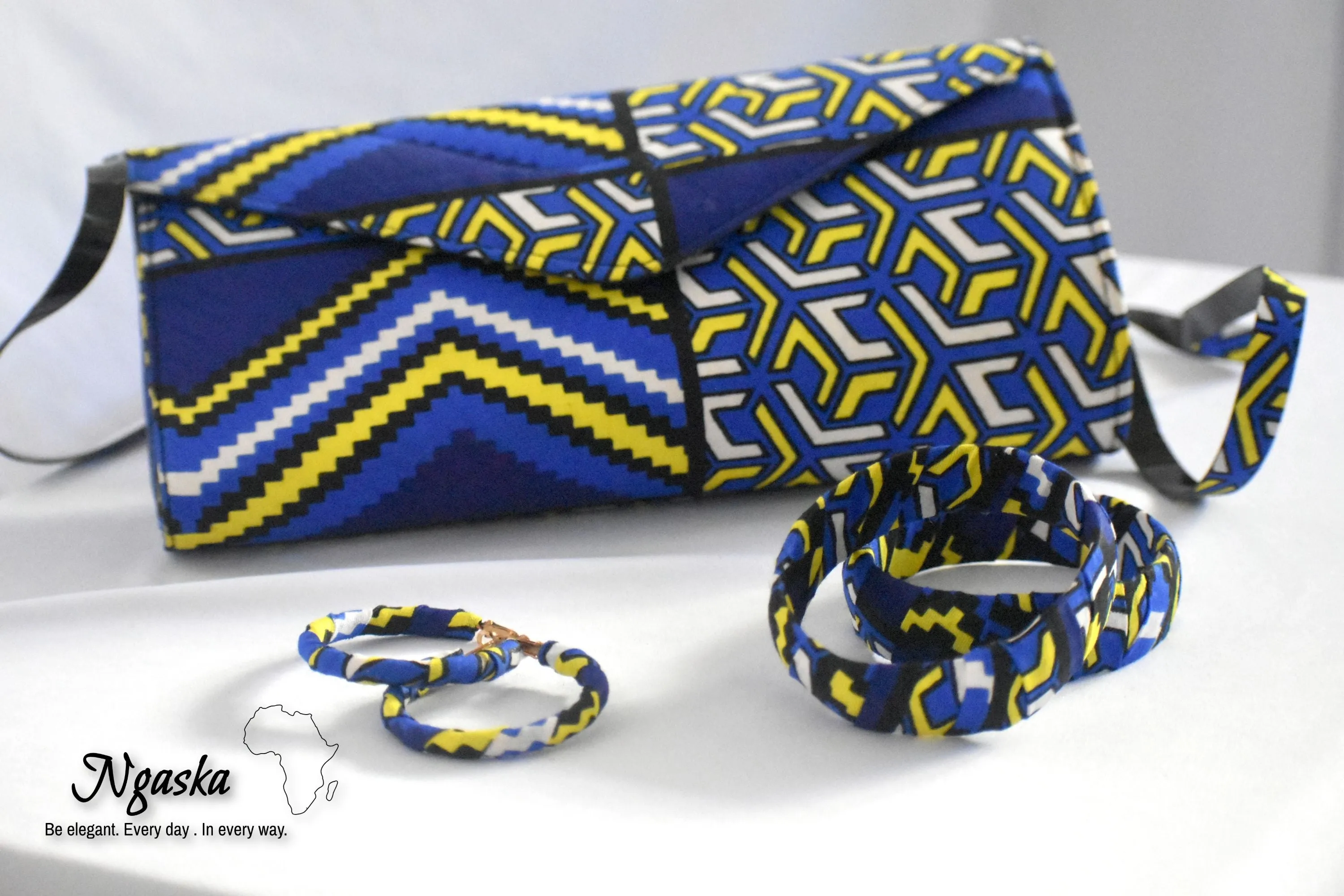 Shades of Blue, Yellow, Black and White Geometric Ankara Clutch, Earring  Set - S-CEB 51